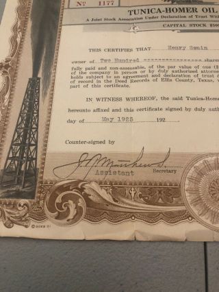 1925 Antique Tunica Homer Oil Company Midlothian Texas Stock Certificate 4