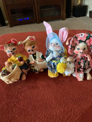 4 Vintage Annalee Mobilitee Easter Bunny Rabbits And Mice With Apples (autumn)