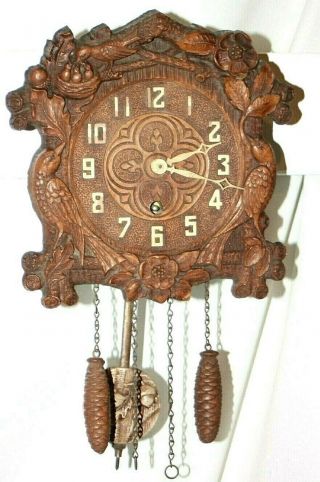 Antique 1935 " 8 Day Quail Cuckoo Style " Model Of Lux Syroco Wood Wall Clock