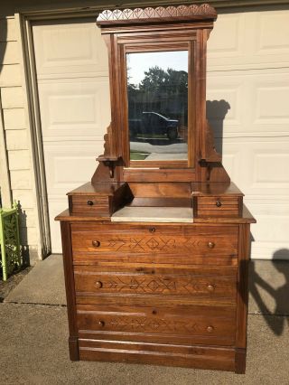 Victorian Eastlake Dresser With Marble Top & Mirror 1800s Era Rare