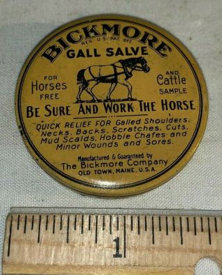 Antique Bickmore Gall Salve Tin Litho Sample Can Horse Cattle Farm Vet Medicine