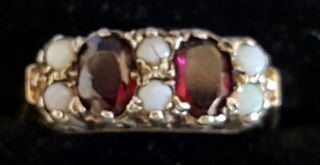 9 Carat Gold Silver Garnet & Opal Vintage Art Deco Antique Ring - Size N