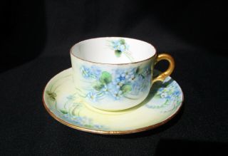 Antique Ct Carl Tielsch Germany Tea Cup And Saucer Blue Forget Me Not Gold Gilt