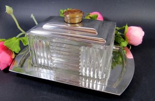 Antique French Art Deco Cookie Box W/ Tray Silver Plated Glass Modernism 1930s
