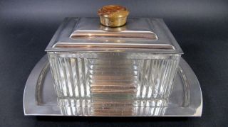 Antique French ART DECO Cookie Box w/ Tray Silver Plated Glass Modernism 1930s 2