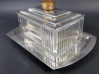 Antique French ART DECO Cookie Box w/ Tray Silver Plated Glass Modernism 1930s 3