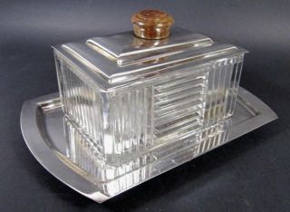 Antique French ART DECO Cookie Box w/ Tray Silver Plated Glass Modernism 1930s 4