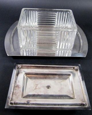 Antique French ART DECO Cookie Box w/ Tray Silver Plated Glass Modernism 1930s 5