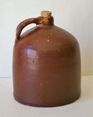 Vintage Antique Stoneware Whiskey Moonshine Jug W/ Handle,  Cork,  Reddish Brown