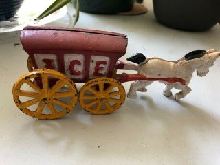 Antique Cast Iron Toy Single Horse Drawn Red Ice Cart All Metal Vintage 3hx7lx2.