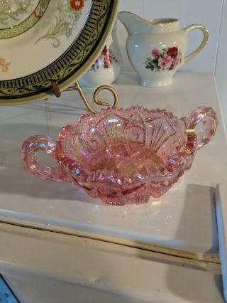 Pink Carnival Cut Glass Double Handled Nappy Candy Dish SAW TOOTH EDGE BOWL 2