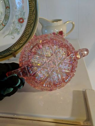 Pink Carnival Cut Glass Double Handled Nappy Candy Dish SAW TOOTH EDGE BOWL 3