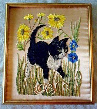 Antique Framed Embroidery Wool Picture Of A Black Cat Amongst Flowers