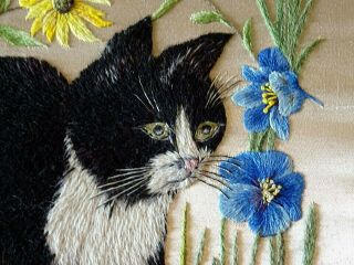 Antique Framed Embroidery Wool Picture of a Black Cat Amongst Flowers 2