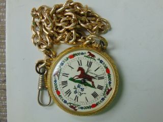 Lucerne Vintage Horse Scene Fancy Dial Pocketwatch W/ Chain Old Stock See