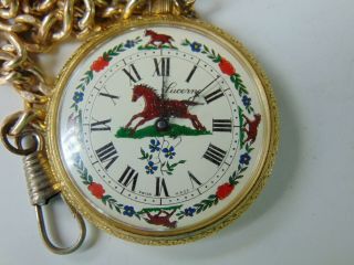 LUCERNE VINTAGE HORSE SCENE FANCY DIAL POCKETWATCH W/ CHAIN OLD STOCK SEE 3