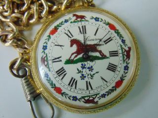 LUCERNE VINTAGE HORSE SCENE FANCY DIAL POCKETWATCH W/ CHAIN OLD STOCK SEE 4