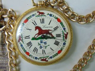 LUCERNE VINTAGE HORSE SCENE FANCY DIAL POCKETWATCH W/ CHAIN OLD STOCK SEE 5