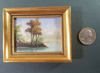 Vintage Hand Painted Oil Miniature.  Made In Spain.  Rocky Wooded Shore On Water.
