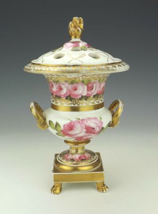 Antique English Porcelain - Hand Painted Flower Decorated Pot Pourri Lidded Vase