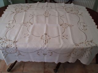 Vintage Linen Embroidered Table Cloth 49 " X 49 "