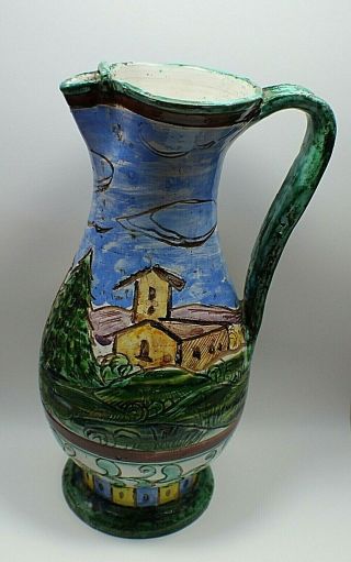 Antique Aretini Sgraffito Italy 10 1/4 Inch Art Pottery Majolica Ewer