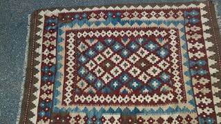 Tribal Geometric Wool Rug 3 ' x5 ' brown,  maroon,  tan,  blue. 2