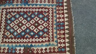 Tribal Geometric Wool Rug 3 ' x5 ' brown,  maroon,  tan,  blue. 3