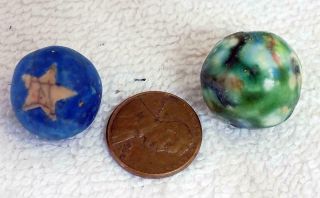 2 Antique Clay Marbles Tennessee Star & Fancy Bennington Shooter SE 2