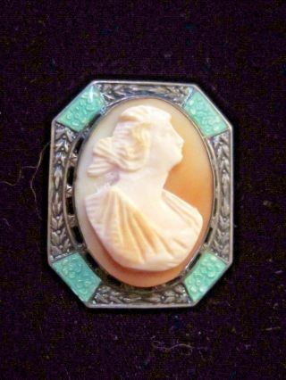Antique Shell Cameo Hand Carved Lovely Lady - Sterling And Enamel Frame - Brooch