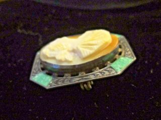 Antique Shell Cameo Hand Carved lovely lady - Sterling and Enamel Frame - Brooch 4