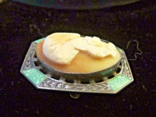 Antique Shell Cameo Hand Carved lovely lady - Sterling and Enamel Frame - Brooch 5