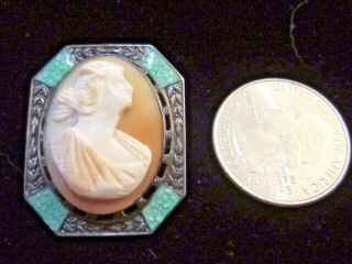 Antique Shell Cameo Hand Carved lovely lady - Sterling and Enamel Frame - Brooch 6