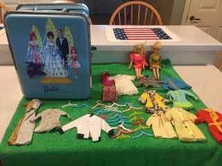 Vintage 1964 Barbie Doll Trousseau Trunk Case With Clothes,  Hangers,  And 2 Dolls