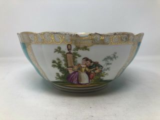 Antique Dresden Germany Hand Painted Floral Courting Scene Bowl 9 "