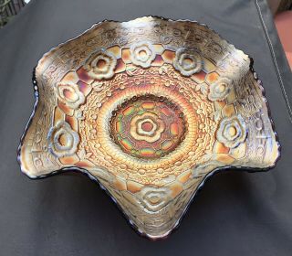 Antique Fenton Captive Rose Iridescent Amethyst Carnival Glass Bowl