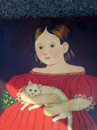 Antique Folk Art Portrait Oil Painting Girl & Cat On Wood Signed Ginny