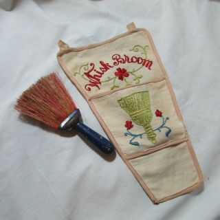 Antique Hand Stitched Embroidered Whisk Broom Linen Holder,  Primitive Wood Broom