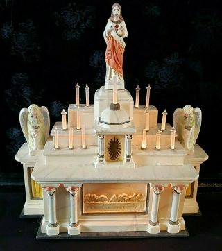 Antique Sacred Heart Of Jesus Chalkware Statue & Light Up Chalkware Church Altar