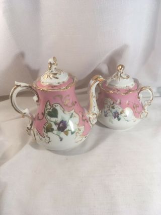 Antique Rees Old Paris Porcelain Coffee Pot Sugar Bowl Pink Flowers Gold Teapot