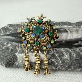 Vintage Antiqued Gold Tone Blue Green Rhinestone Tassel Dangle Pin Brooch