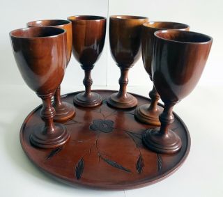 Vintage Wooden Goblet Set Of 6 With Wood Tray,  Hand Carved Artwork