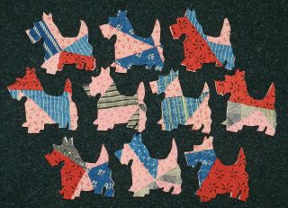 10 Primitive Antique Cutter Quilt Scotty Dogs Terrier Red/blue