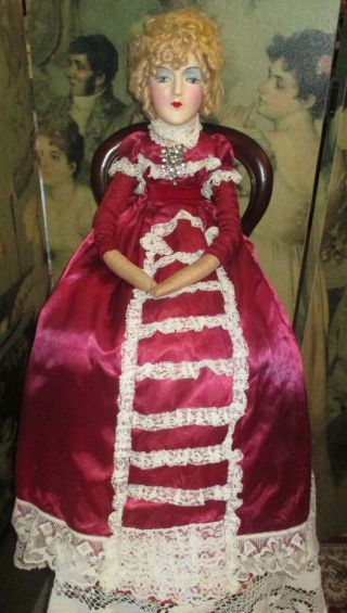 Antique Vintage Boudoir Doll Painted Face Stuffed Body Burgundy Dress With Shoes