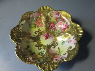 Antique Nippon Bowl - Gold & Roses - Blue Maple Leaf Mark - Heavy Gilding
