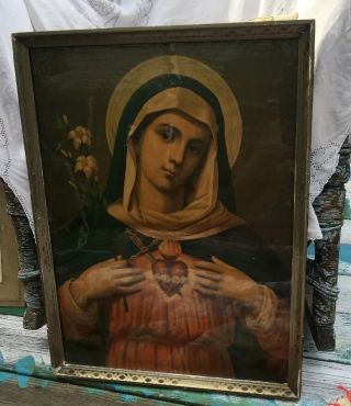 Antique Immaculate Heart Of Mary 19th C.  Victorian Church Framed Litho Print