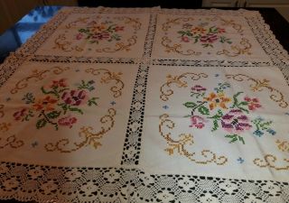 Stunning Hand Embroidered Cross Stitch Tablecloth.  35 " X 35 "