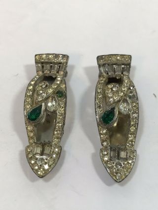 Vintage Antique Deco Pave Emerald Green Rhinestone Pot Metal Shoe Clip Buckles