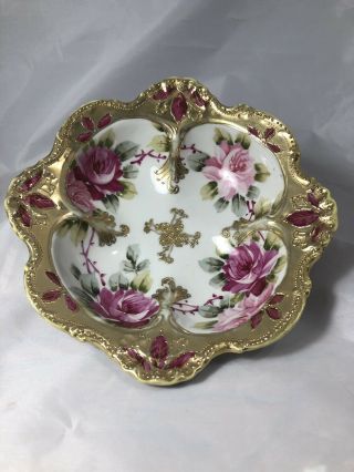Antique Nippon Hand Painted Bowl Dish Floral Scalloped Gold Raised