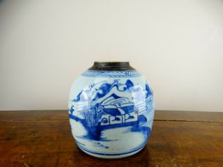 Antique Chinese Canton Porcelain Ginger Jar Vase Blue And White Landscape Qing
